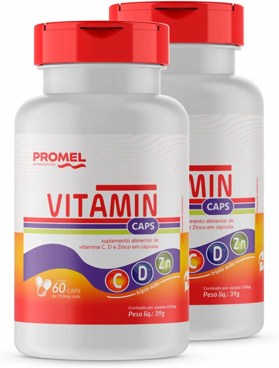 KIT COM 2 VITAMIN PROMEL VIT C, D E ZINCO 60 CAPS DE 750MG