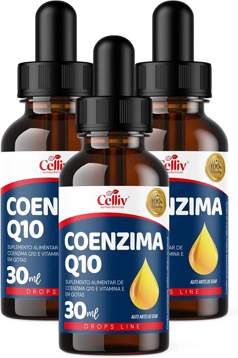 KIT COM 3 COENZIMA Q10 100MG POR PORçãO E VITAMINA E SABOR MENTA EM GOTAS 30ML CELLIV