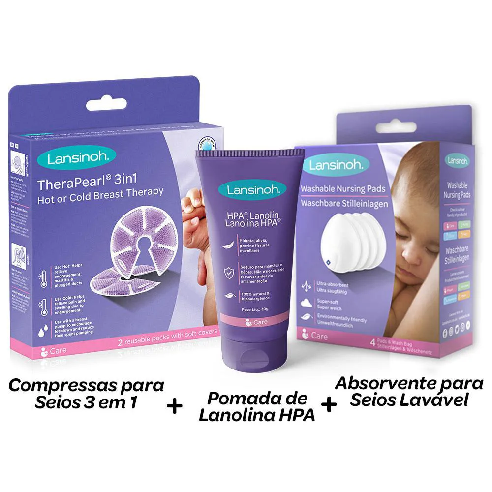 KIT POMADA DE LANOLINA HPA, ABSORVENTE LAVáVEL PARA SEIOS E COMPRESSAS PARA SEIOS 3 EM 1