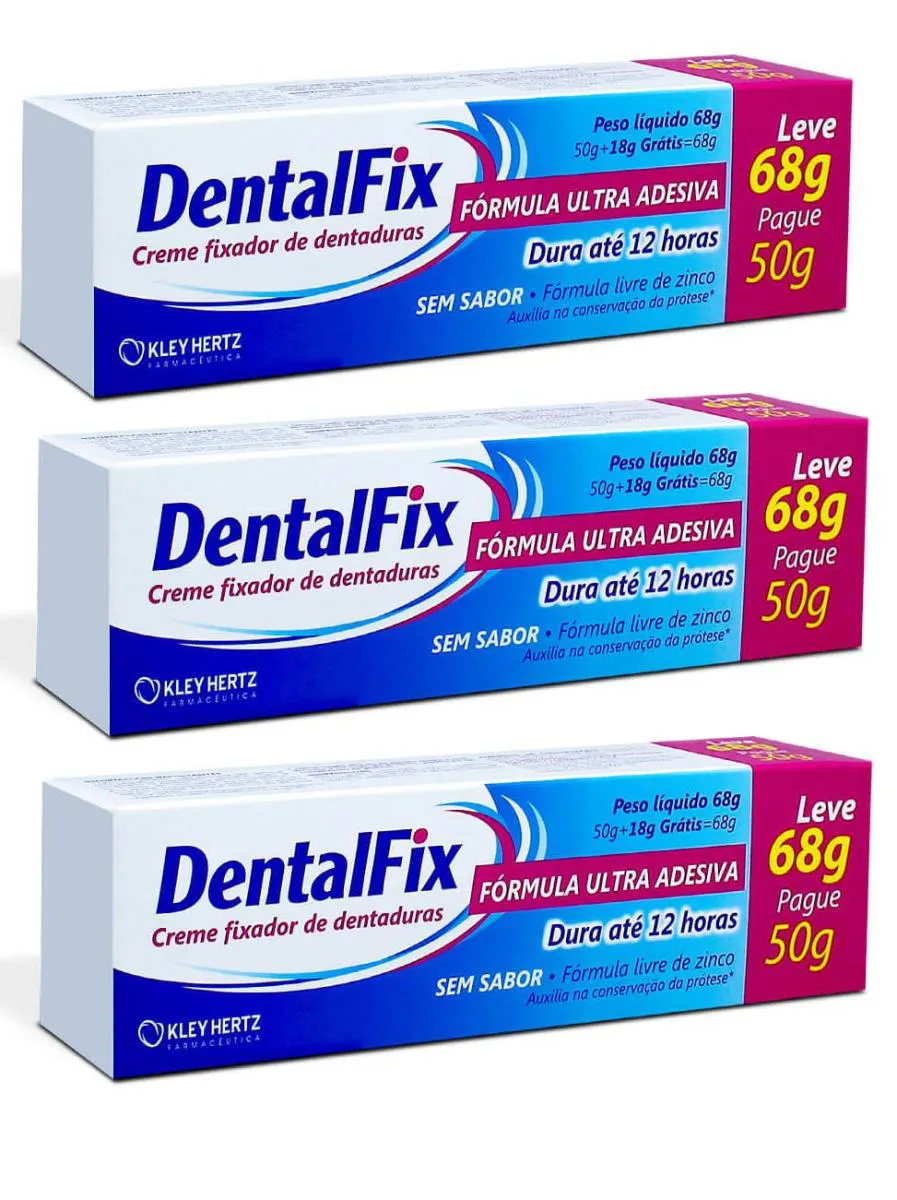 KIT COM 3 DENTALFIX FIXADOR DENTADURA 68G - KLEY HERTZ