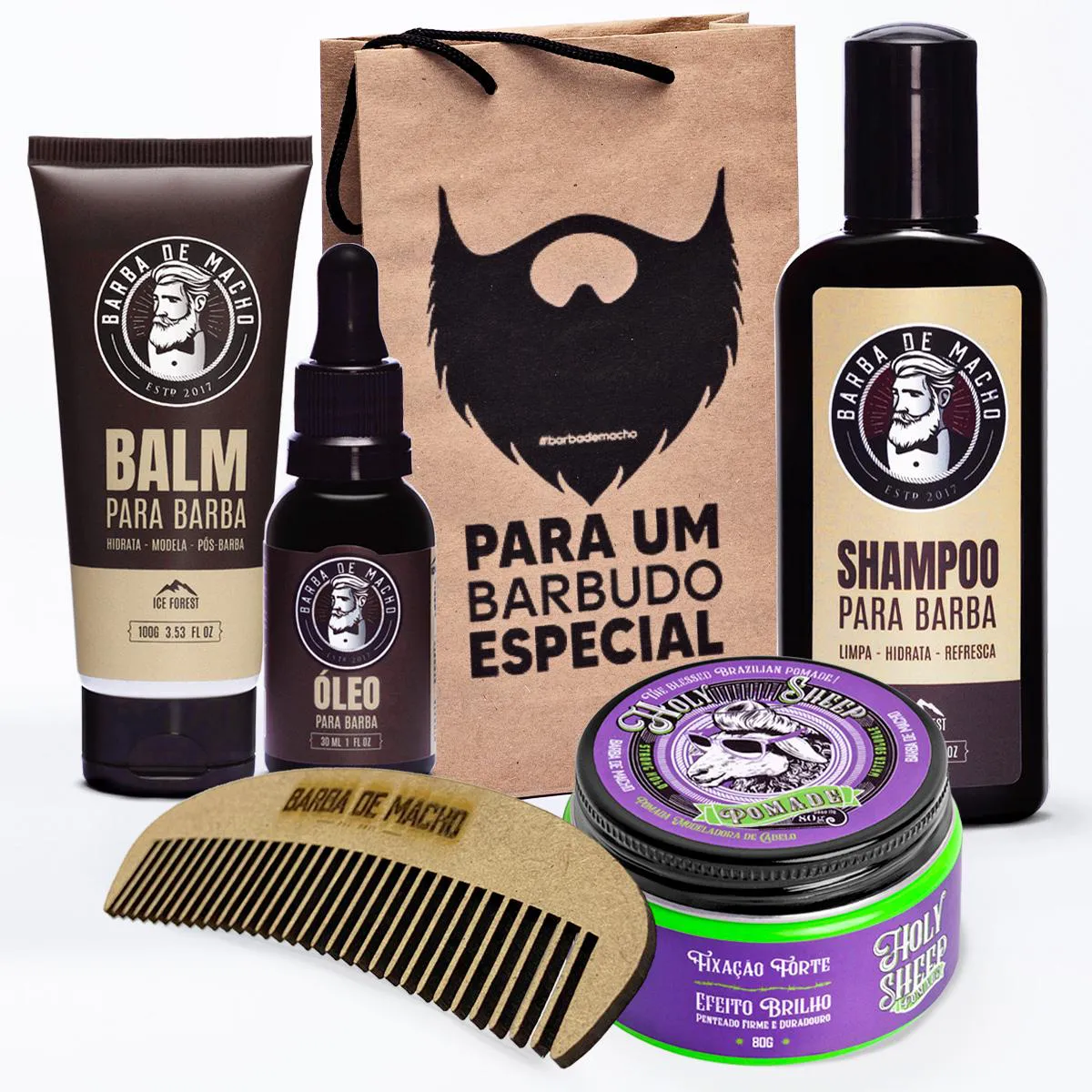 KIT BARBA SHAMPOO BALM OLEO PASTA MODELADORA MATTE E PENTE