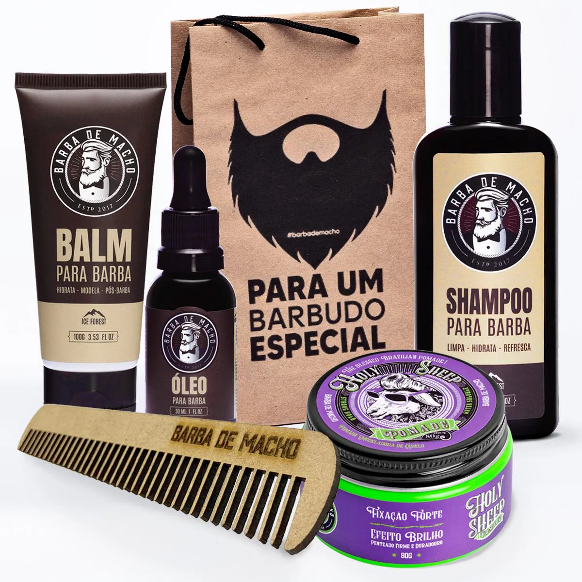 KIT SHAMPOO BALM OLEO POMADA EFEITO MOLHADO E PENTE RETO