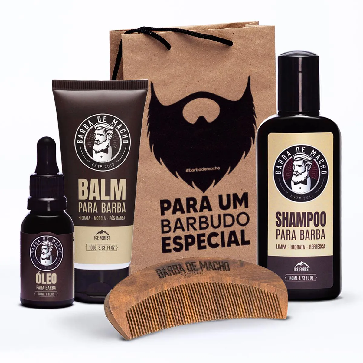 KIT DE CUIDADOS COM A BARBA SHAMPO BALM ÓLEO BARBA DE MACHO