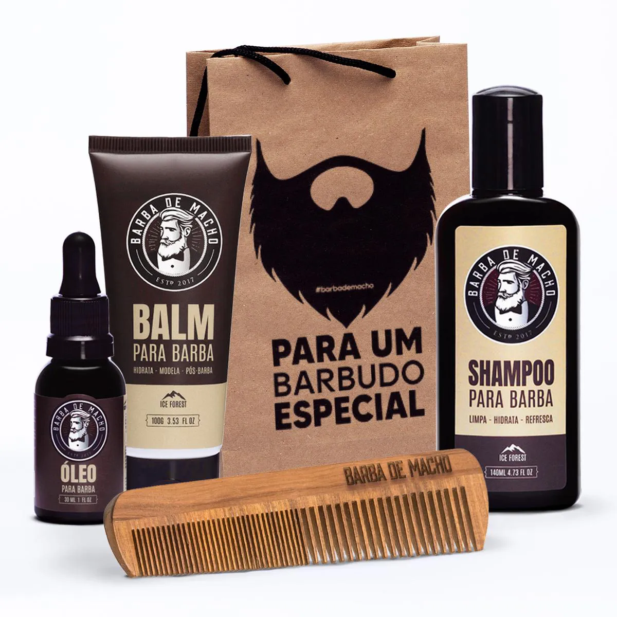 KIT CUIDADOS BARBA SHAMPO BALM OLEO E PENTE BARBA DE MACHO