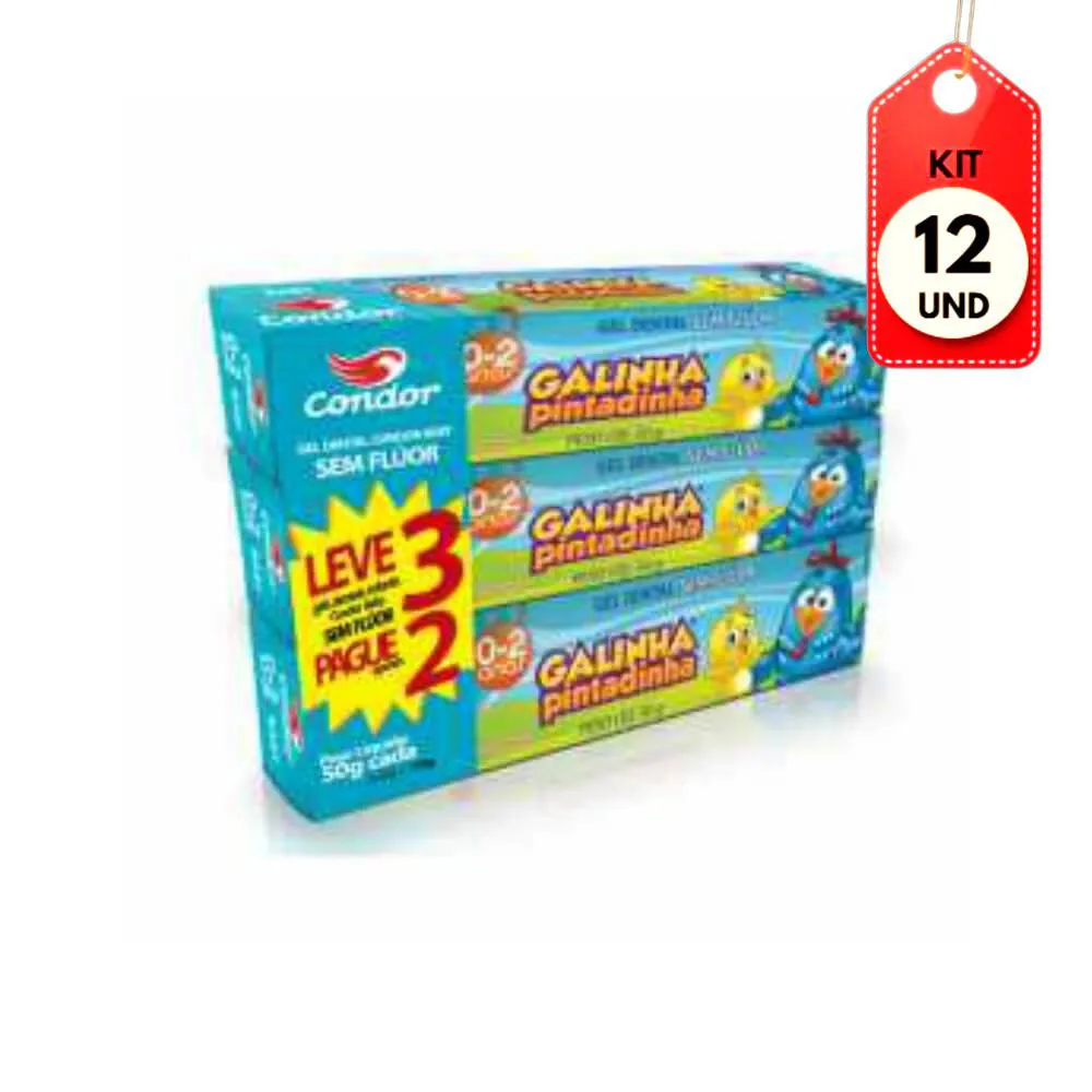 KIT C/12 CONDOR GALINHA PINTADINHA GEL DENTAL S/ FLúOR 3X50G