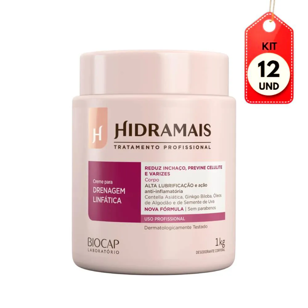 KIT C/12 HIDRAMAIS DRENAGEM LINFáTICA CREME P/ MASSAGEM 1KG