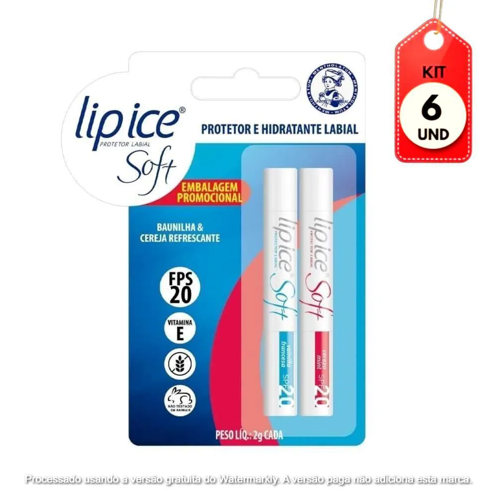 KIT C/06 LIP ICE SOFT FPS20 PROTETOR LABIAL BAUNILHA + CEREJA