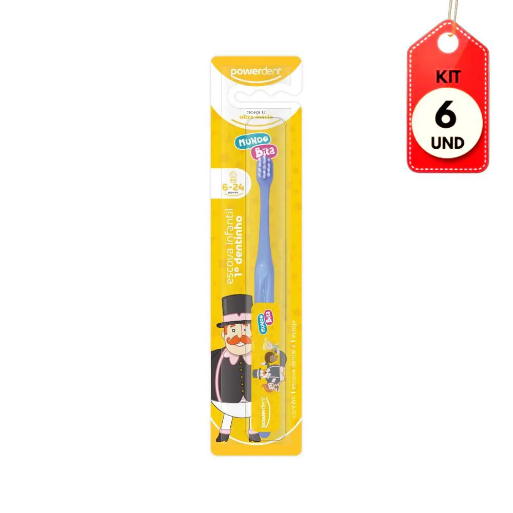 KIT C/06 POWERDENT MUNDO BITA 1° DENTINHO ESCOVA DENTAL