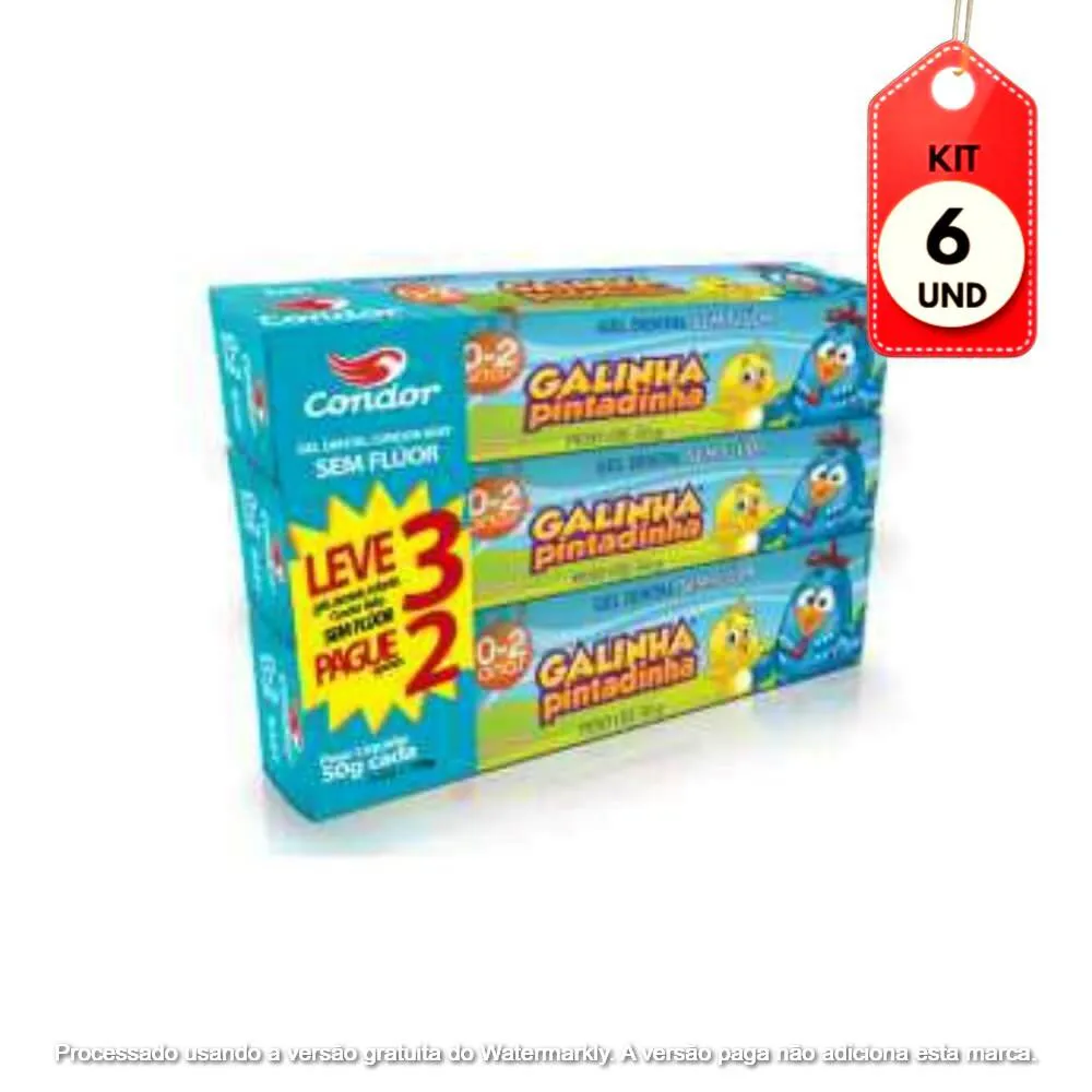 KIT C/06 CONDOR GALINHA PINTADINHA GEL DENTAL S/ FLúOR 3X50G
