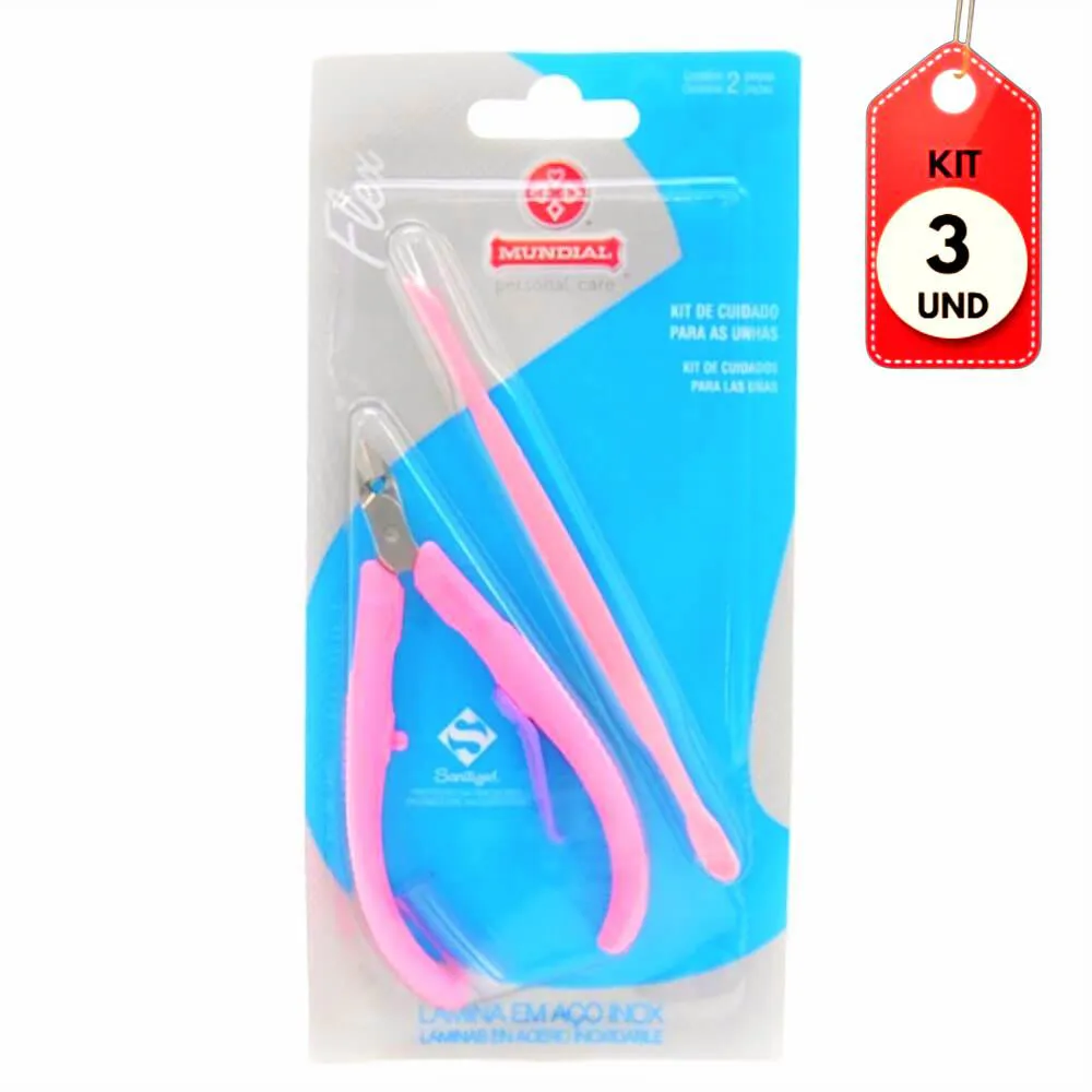 KIT C/03 MUNDIAL 168 ALICATE CUTíCULA FLEX + ESPáTULA ROSA