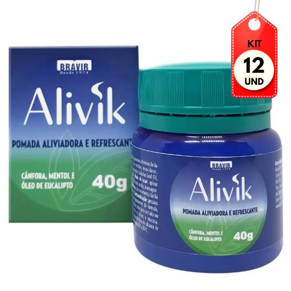 KIT C/12 BRAVIR ALIVIK POMADA ALIVIADORA E REFRESCANTE 40G
