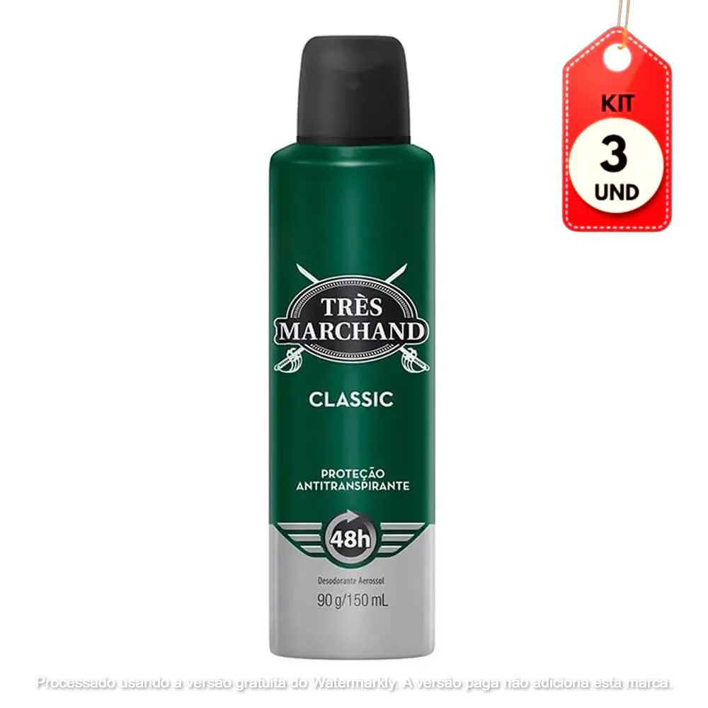 Kit Desodorante Antitranspirante Aerosol Très Marchand Classic Masculino 48h 150ml 3 unidades
