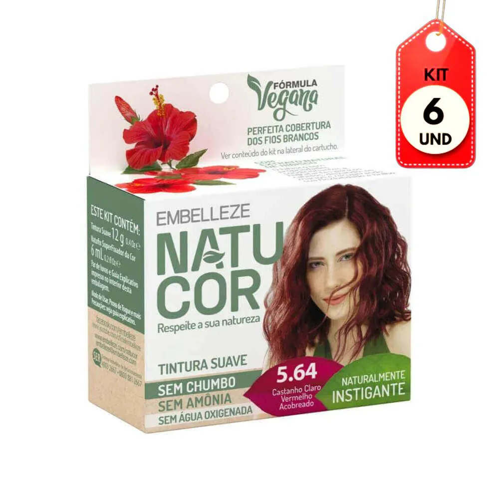 KIT C/06 NATUCOR TINTA 5.64 CASTANHO CLARO VERMELHO ACOBREADO 12G