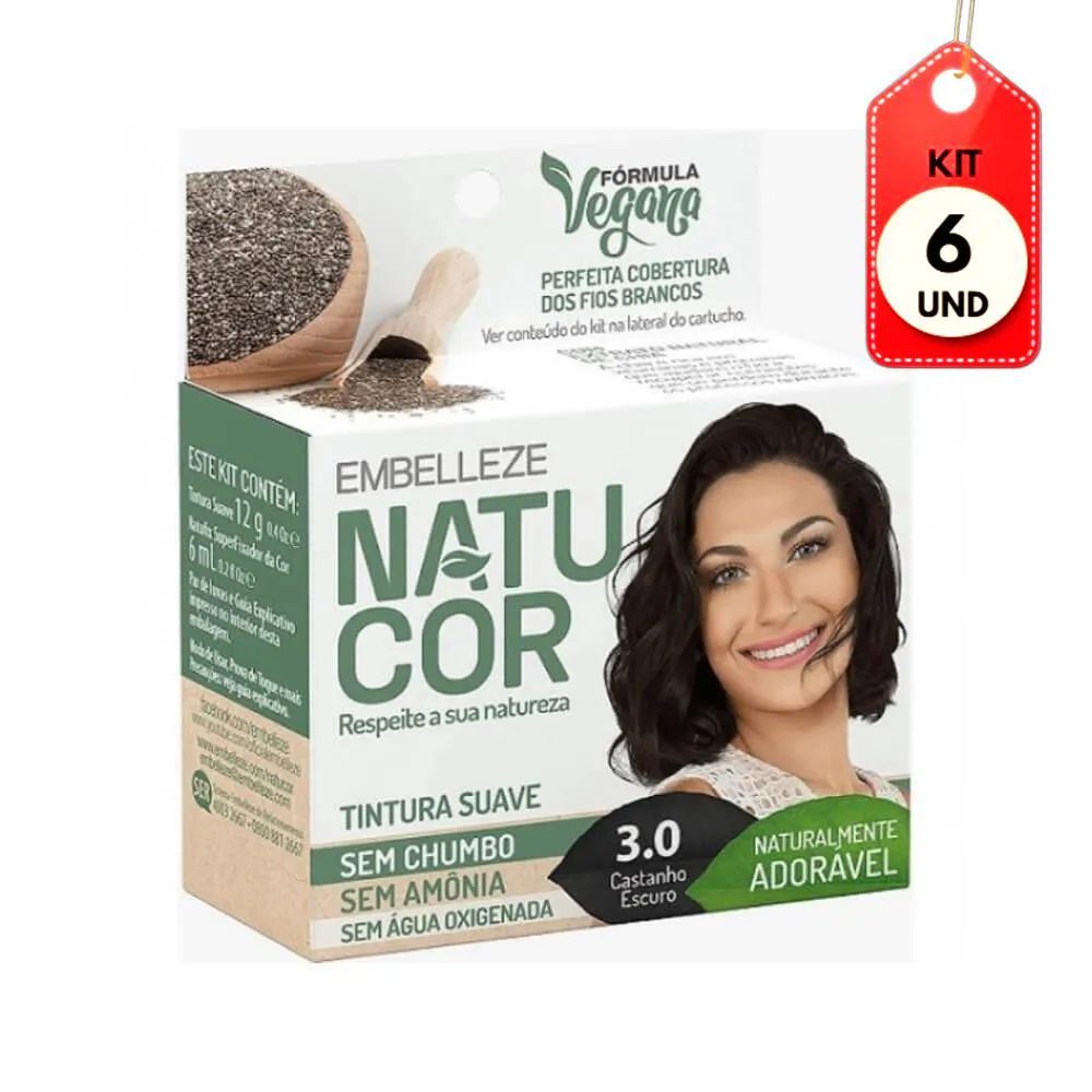 KIT C/06 NATUCOR TINTA 3.0 CASTANHO ESCURO 12G