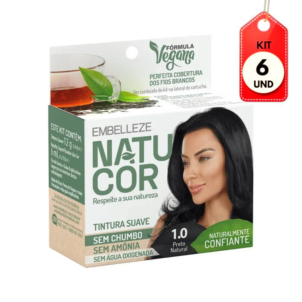 KIT C/06 NATUCOR TINTA 1.0 PRETO NATURAL 12G