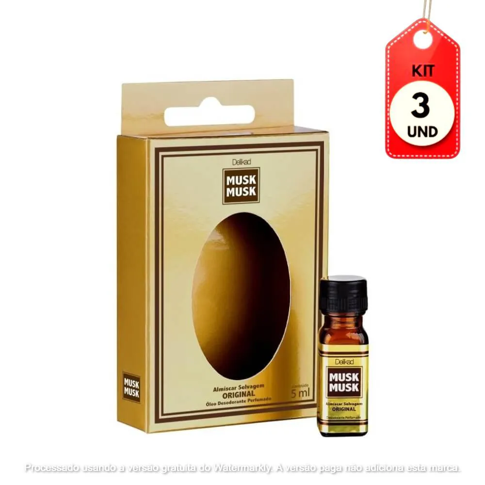 Kit Óleo Corporal Perfumado Musk Musk Almíscar Selvagem Delikad 5ml - Masculino 3 unidades