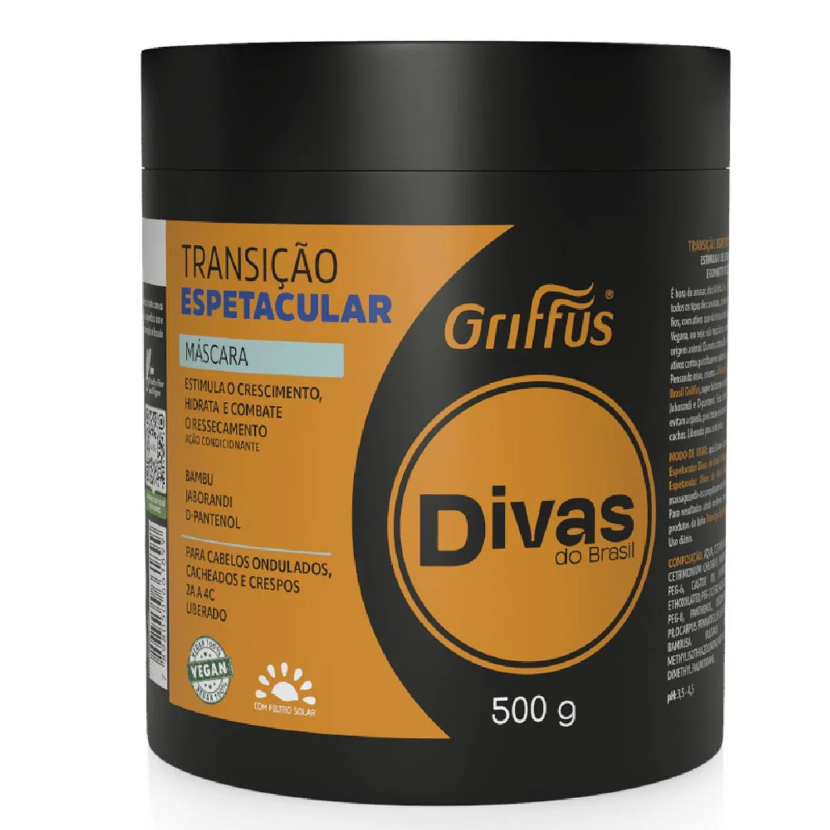 MáSCARA TRANSIçãO ESPETACULAR 2A A 4C VEGANO DIVAS DO BRASIL GRIFFUS 500G