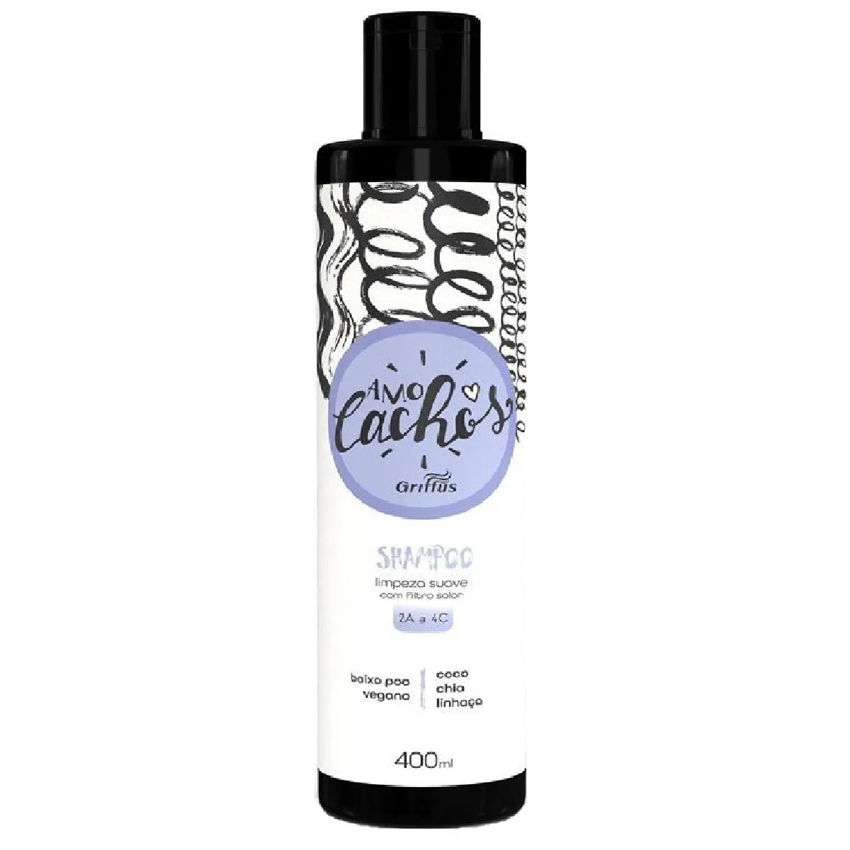 Shampoo Vegano Amo Cachos Griffus Baixo Poo Coco Chia e Linhaça 400ml