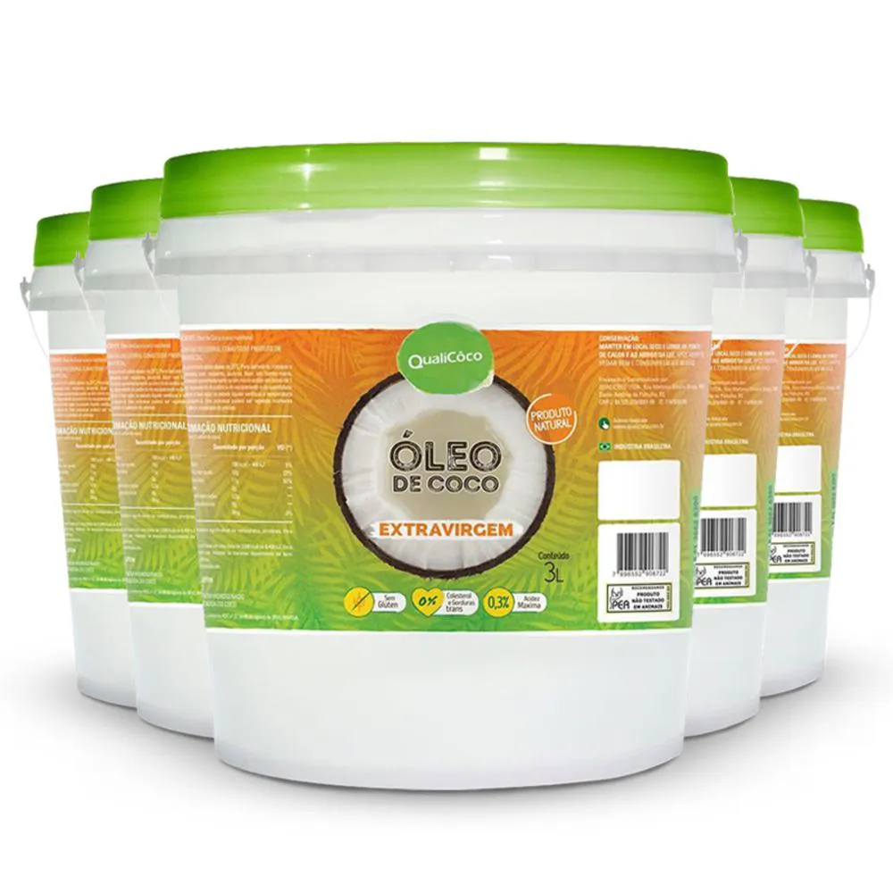 KIT 5 ÓLEO DE COCO EXTRA VIRGEM QUALICOCO 3 LITROS