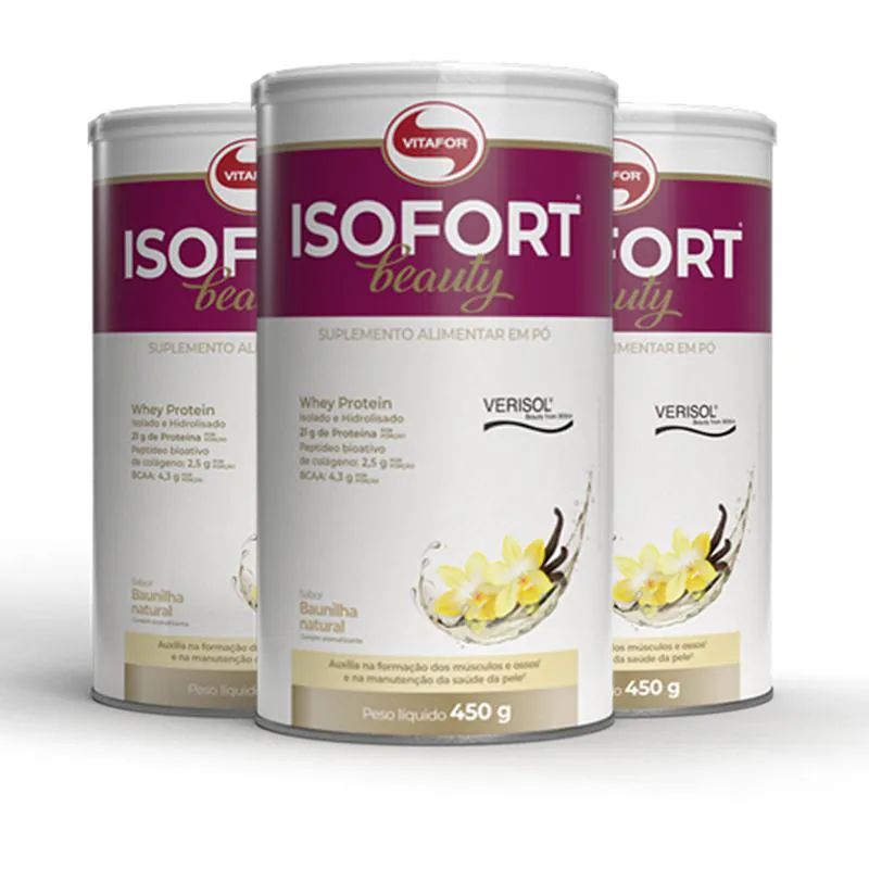 KIT 3 WHEY PROTEIN ISOLADO ISOFORT BEAUTY VITAFOR 450G BAUNILHA