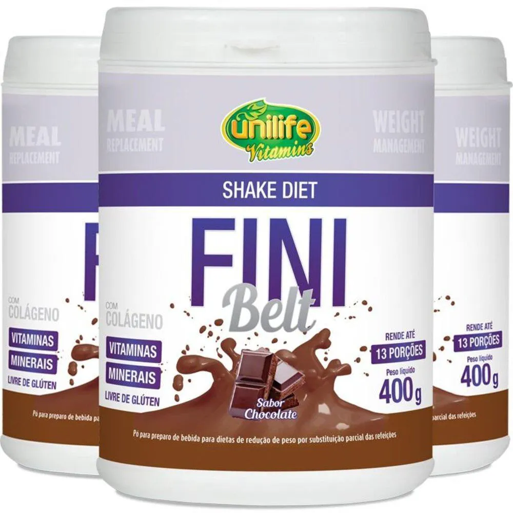 KIT 3 SHAKE DIET COM COLáGENO FINI BELT UNILIFE CHOCOLATE 400G