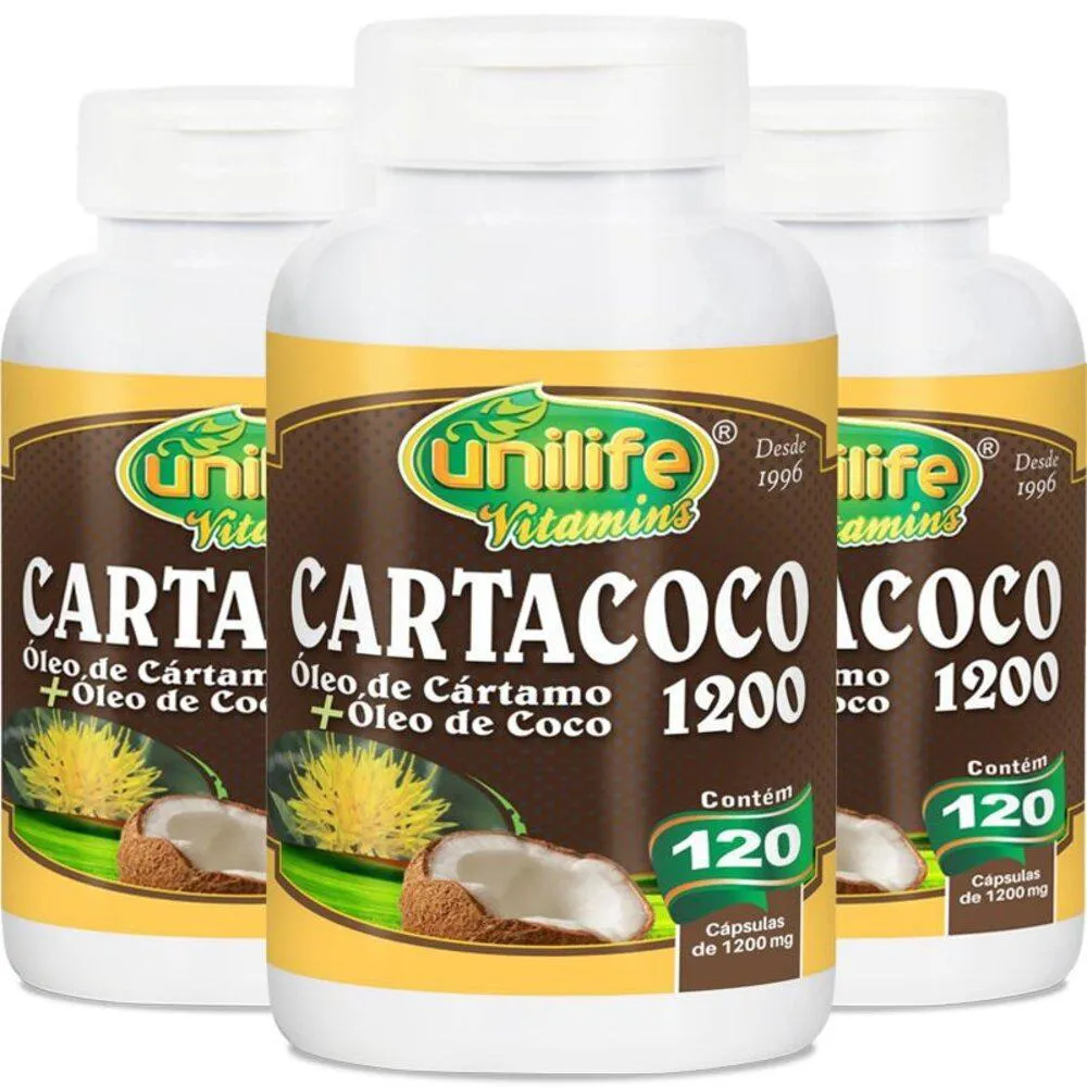 KIT 3 ÓLEO DE CáRTAMO E COCO CARTACOCO 1200MG UNILIFE 120 CáPSULAS