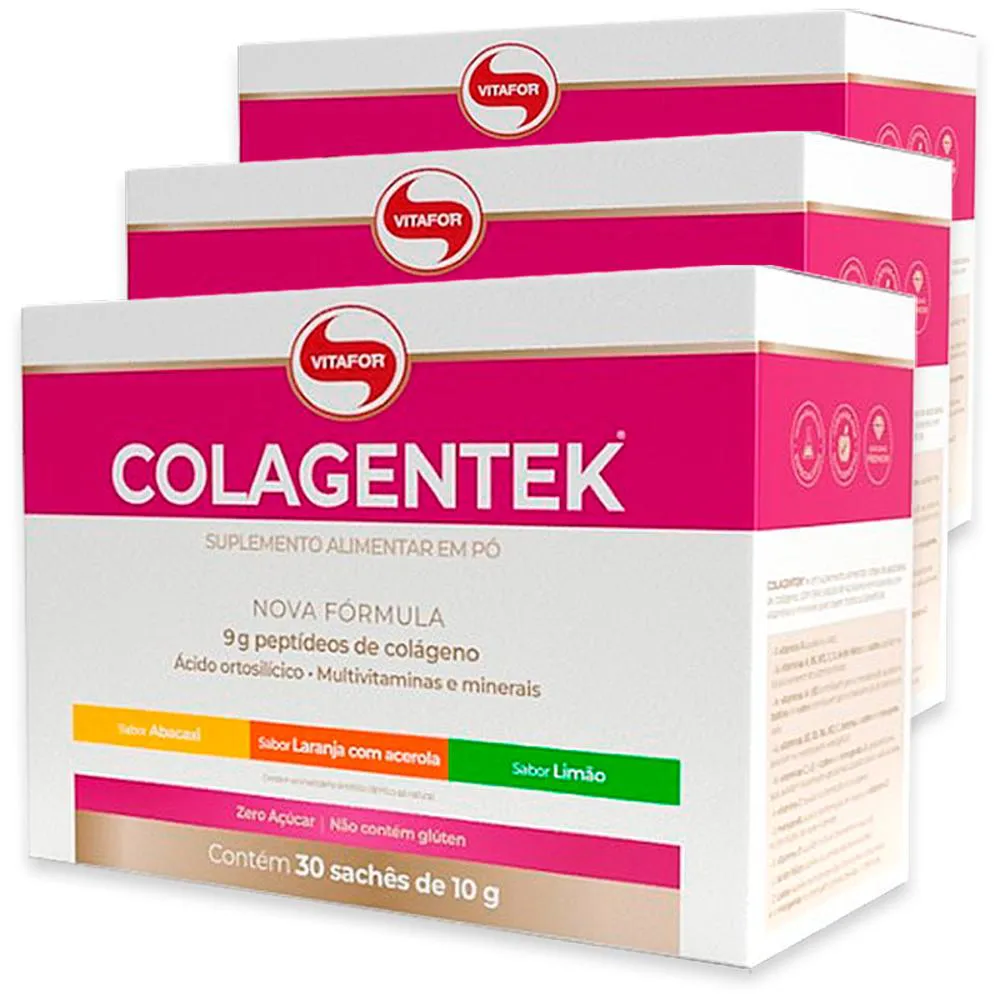KIT 3 COLáGENO HIDROLISADO COLAGENTEK VITAFOR 30 SACHêS