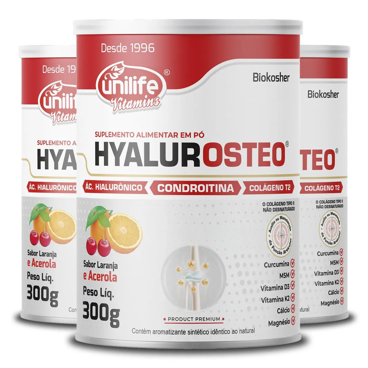 KIT 3 HYALUROSTEO CONDROITINA UNILIFE LARANJA COM ACEROLA 300G