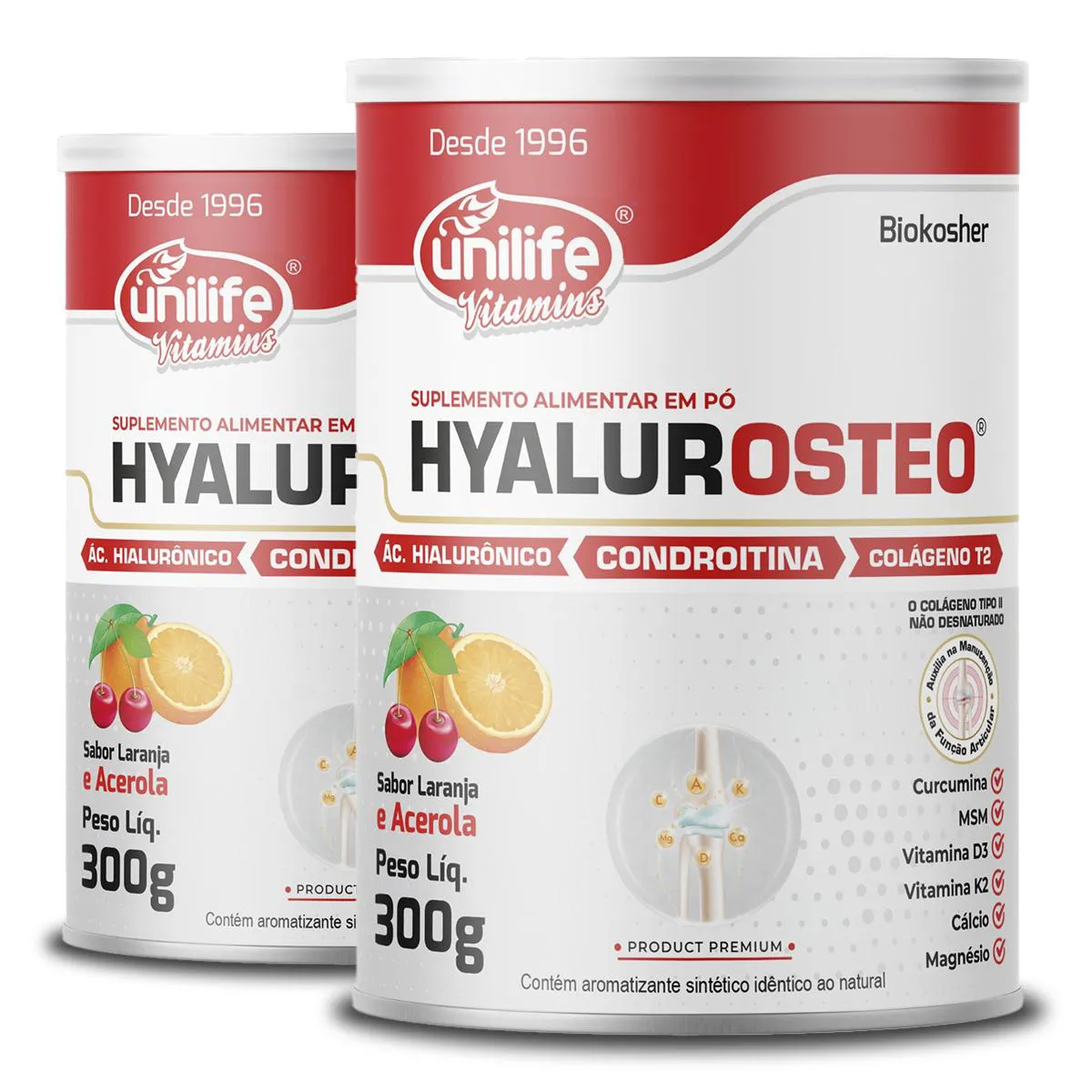 KIT 2 HYALUROSTEO CONDROITINA UNILIFE LARANJA COM ACEROLA 300G
