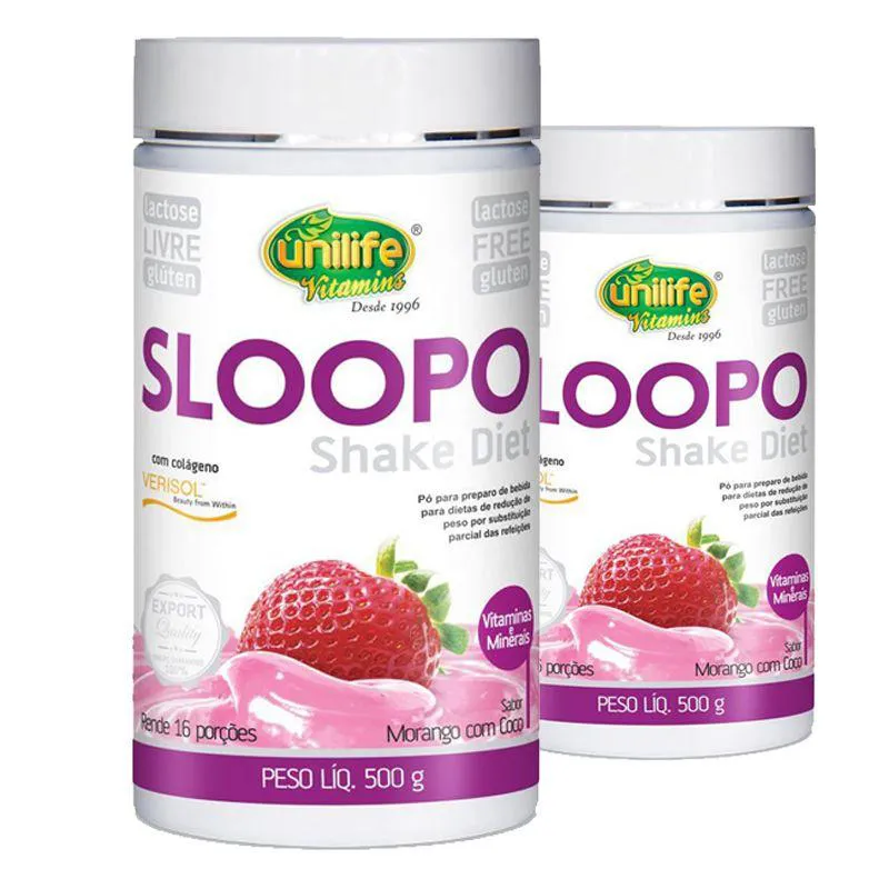 KIT 2 SLOOPO SHAKE DIET COM COLAGENO 400G SABOR MORANGO UNILIFE