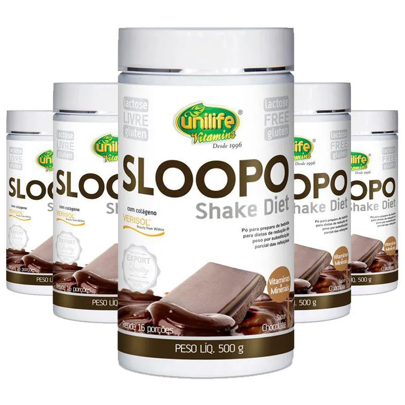 KIT 5 SLOOPO SHAKE DIET COM COLAGENO  400G SABOR CHOCOLATE UNILIFE