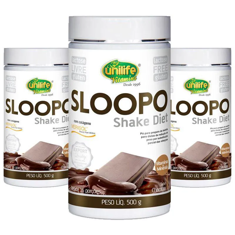 KIT 3 SLOOPO SHAKE DIET COM COLAGENO  400G SABOR CHOCOLATE UNILIFE