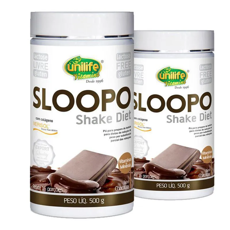 KIT 2 SLOOPO SHAKE DIET COM COLAGENO  400G SABOR CHOCOLATE UNILIFE