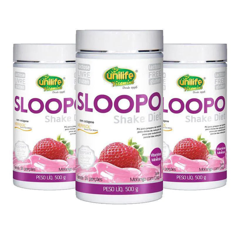 KIT 3 SLOOPO SHAKE DIET COM COLAGENO 400G SABOR MORANGO UNILIFE