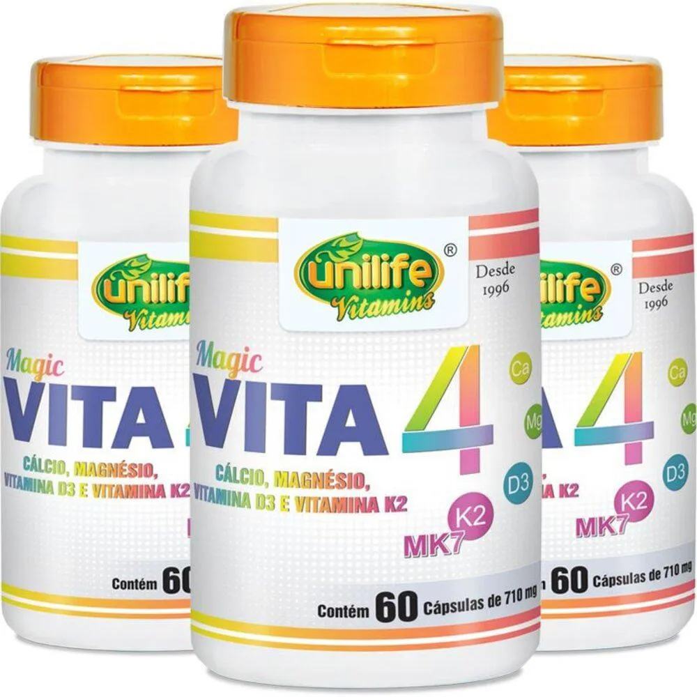 KIT 3 VITA 4 CáLCIO MAGNéSIO VITAMINA D E K2 UNILIFE 60 CáPSULAS