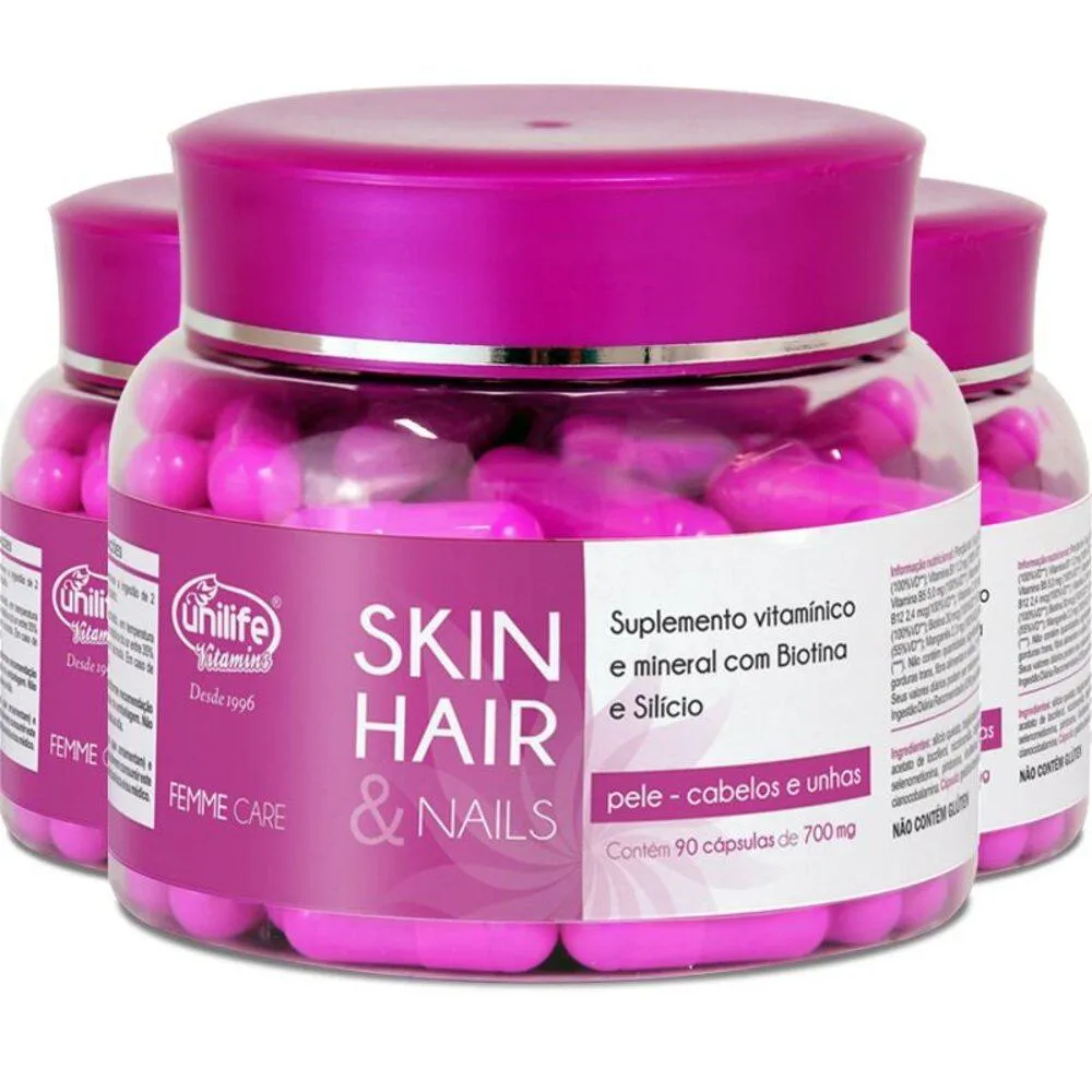 KIT 3 SKIN HAIR E NAILS FEMME CARE UNILIFE 90 CáPSULAS