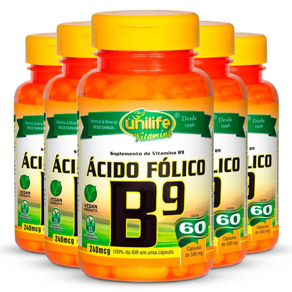 Kit Vitamina B9 Ácido Fólico Unilife 5 unidades 60 cápsulas 