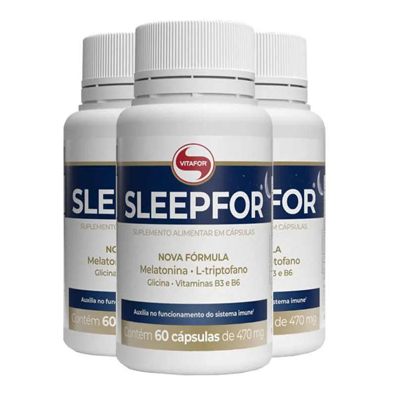 KIT 3 Suplemento Alimentar SLEEPFOR TRIPTOFANO, B3, B6 + GLICINA VITAFOR 60 CÁPSULAS