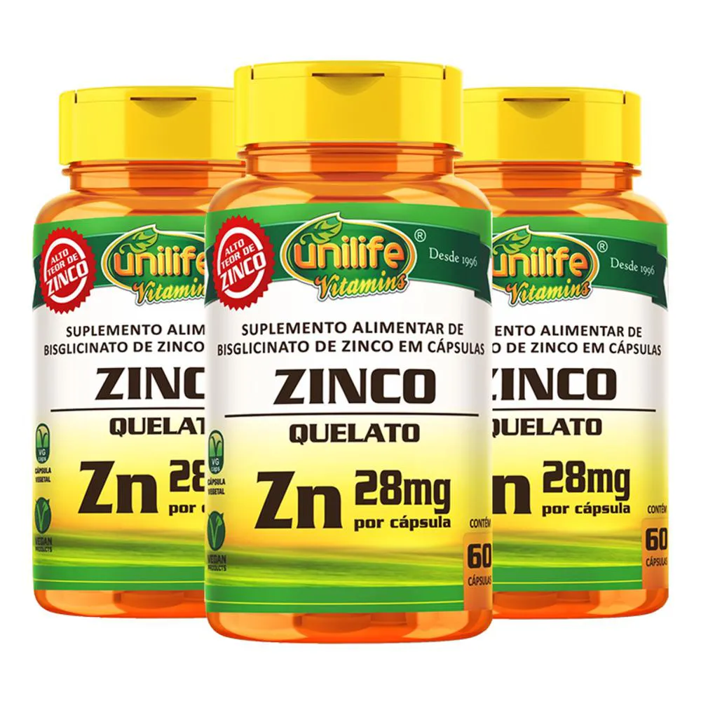 Kit Zinco Quelato Unilife 28mg 3 unidades 60 cápsulas