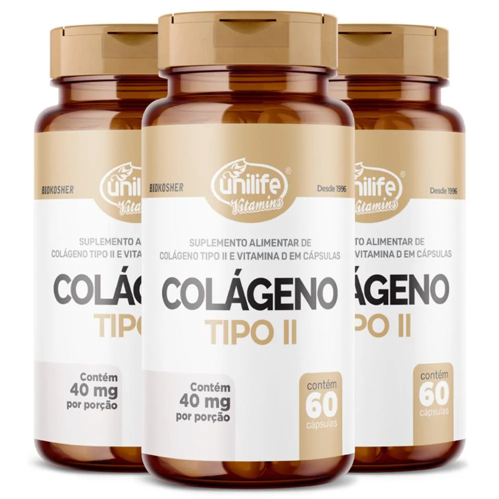 KIT 3 COLáGENO TIPO II COM VITAMINA D UNILIFE 60 CáPSULAS