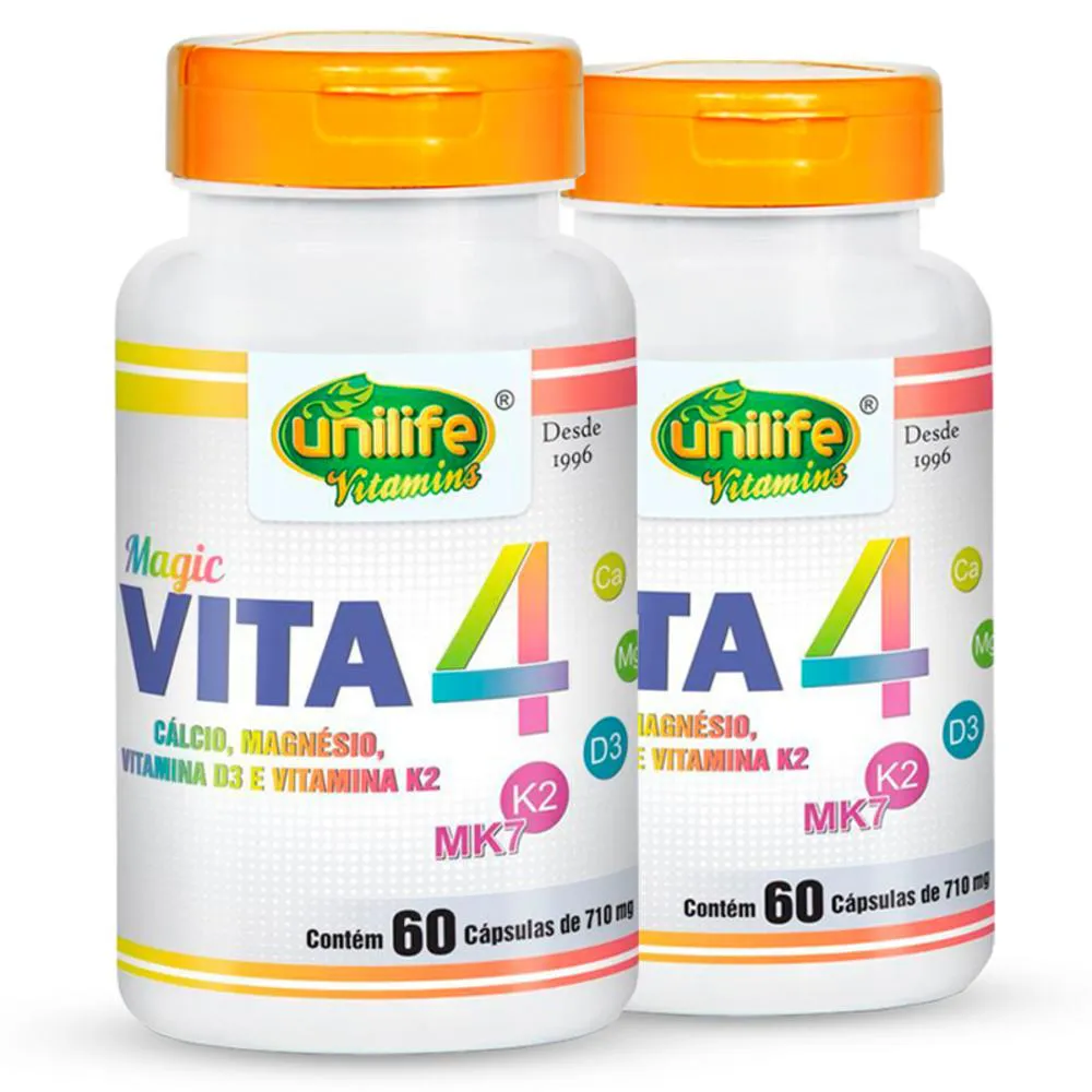 KIT 2 VITA 4 CáLCIO MAGNéSIO VITAMINA D E K2 UNILIFE 60 CáPSULAS