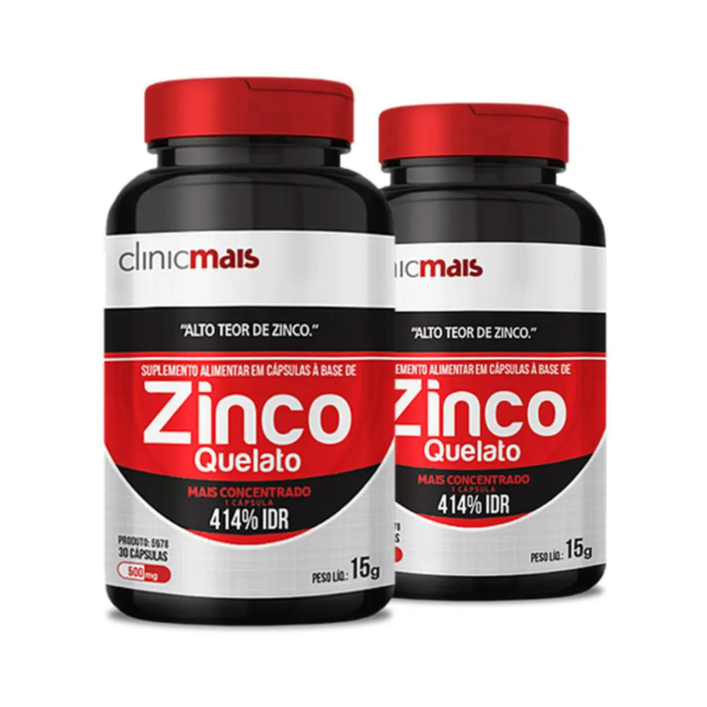 KIT 2 ZINCO QUELATO 500MG CLINIC MAIS 30 CáPSULAS