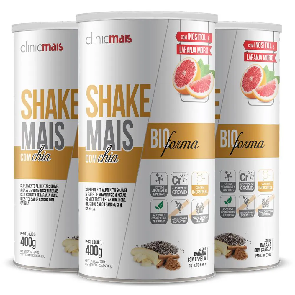 KIT 3 SHAKE BIOFORMA COM CHIA CLINIC MAIS BANANA COM CANELA 400G