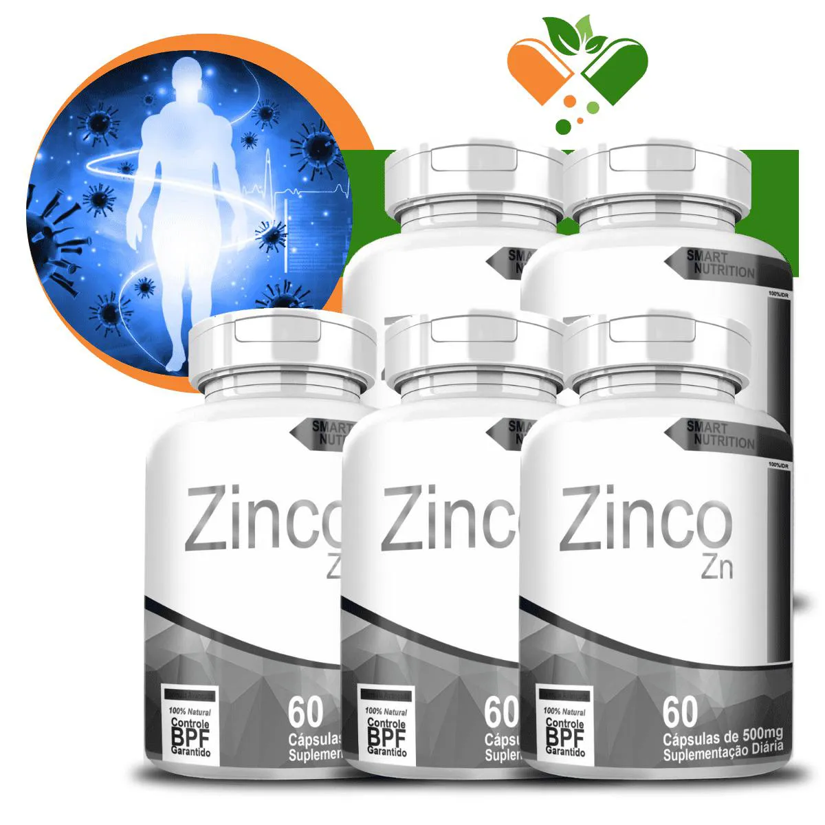 KIT COM 5 POTES ZINCO-QUELATO 500MG 60 CáPSULAS