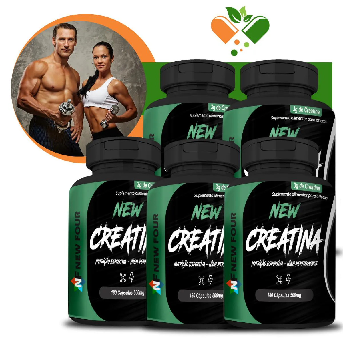 Kit Creatina New Four New Creatina 500mg 180 cápsulas 5 unidades