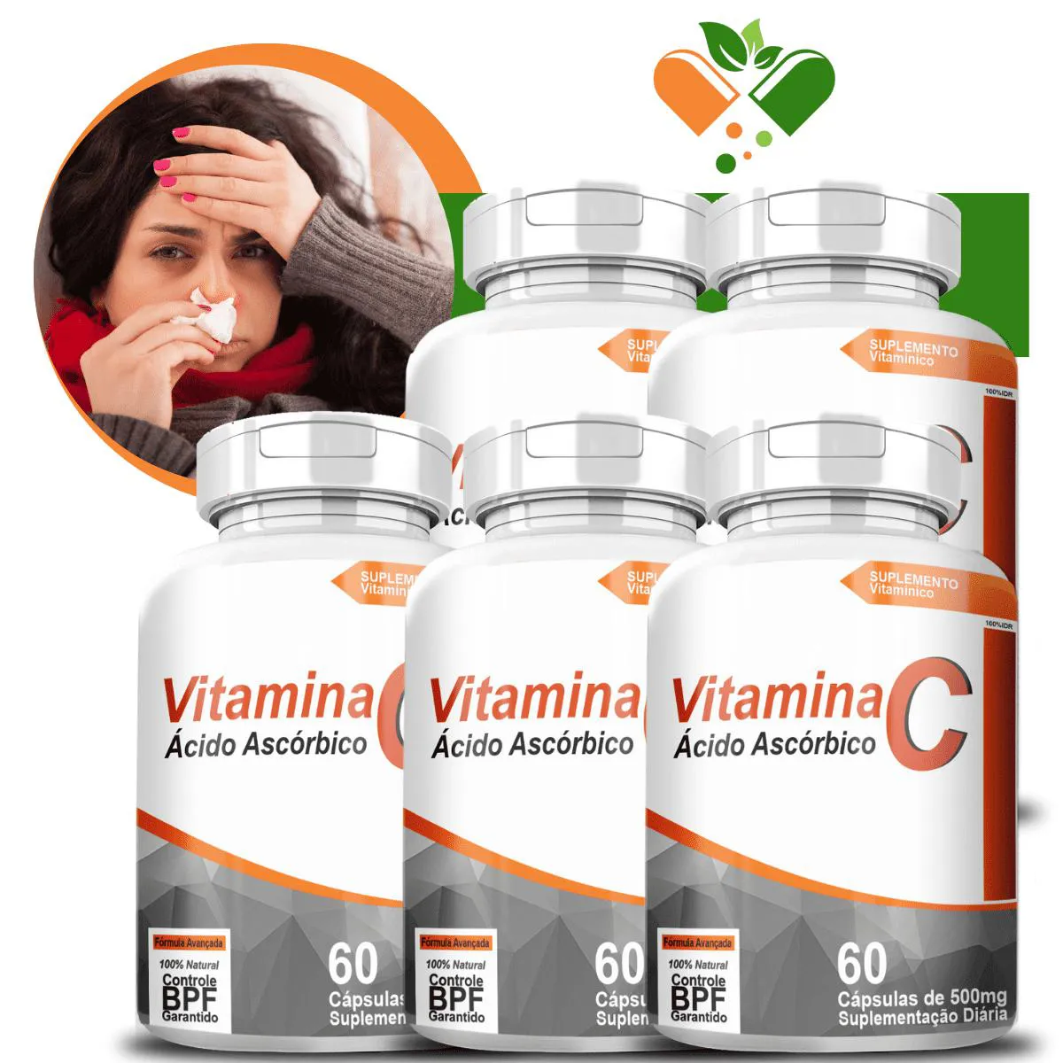 KIT COM 5 POTES VITAMINA C REVESTIDA 500MG 60 CáPSULAS