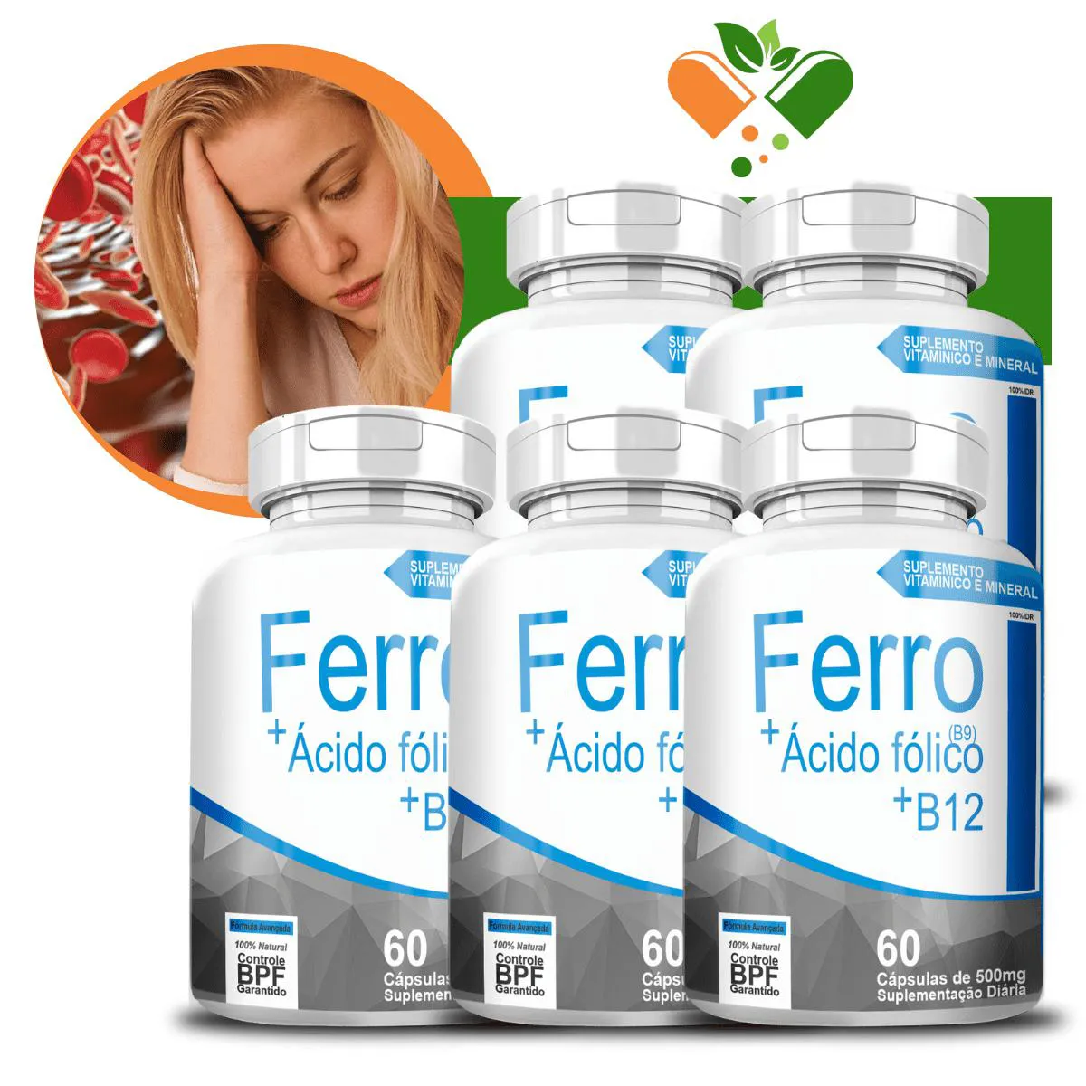 KIT COM 5 POTES FERRO - B9 - B12 500MG 60 CáPSULAS
