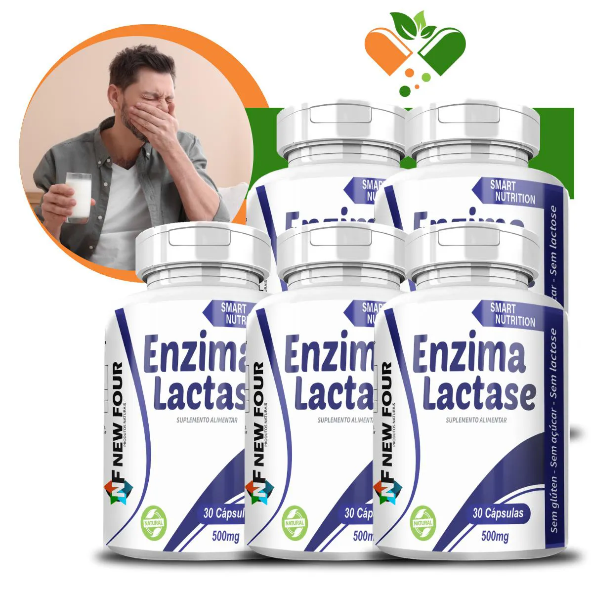 KIT COM 5 POTES DE ENZIMA LACTASE 500MG 30 CáPSULAS
