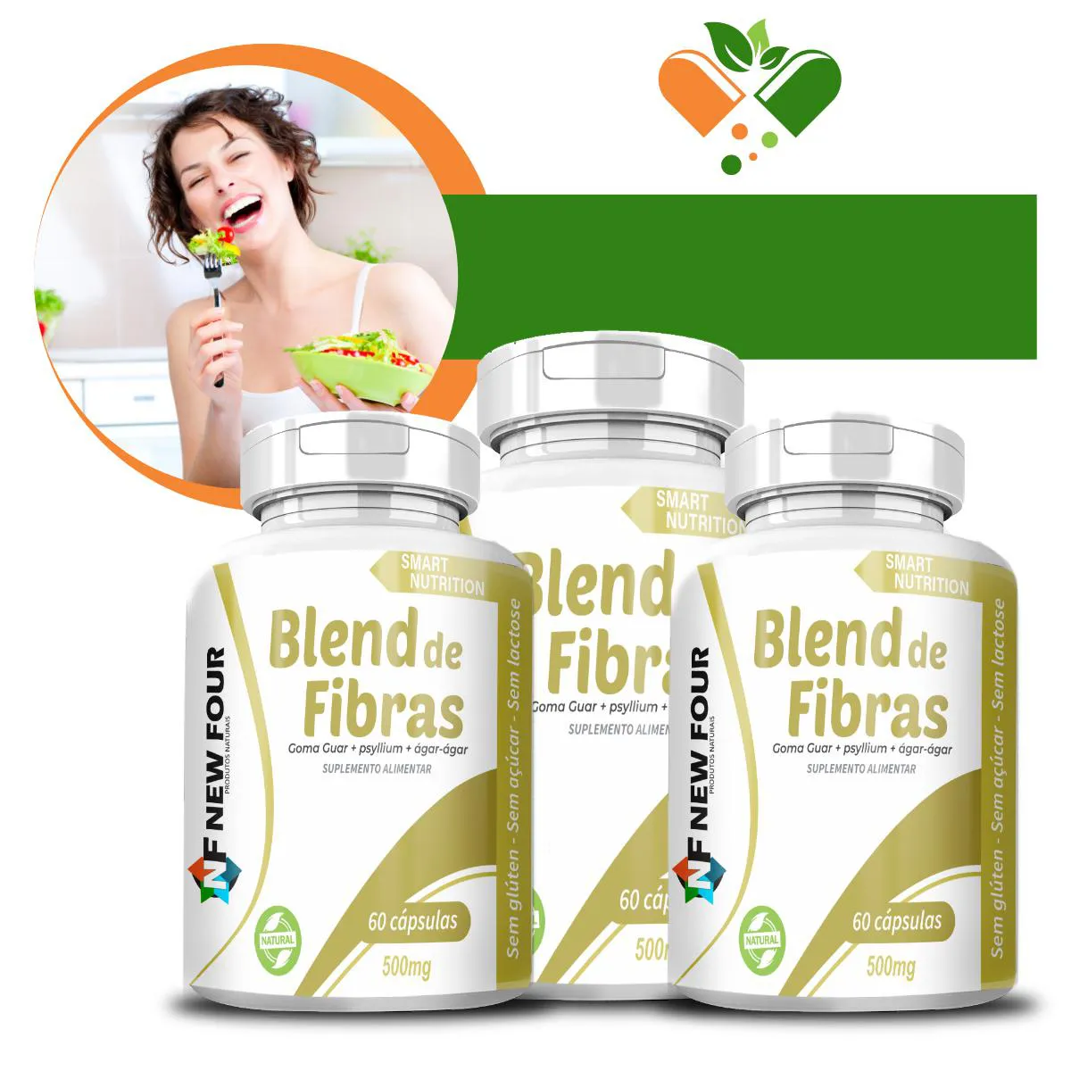 KIT COM 3 POTES BLEND DE FIBRAS (GOMA GUAR, PSYLLIUM, AGAR-AGAR)  500MG 60 CáPSULAS