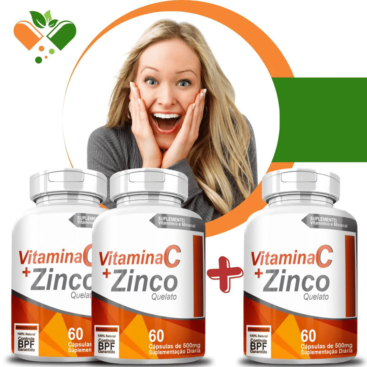 COMPRE 2 LEVE 3 POTES VITAMINA C + ZINCO 500MG C/60 CáPSULAS